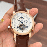 Cartier Moonphase Tourbillon Watch – Rose Gold Case, Arabic Numerals, Brown Leather Strap, Multi-Function Men’s Luxury