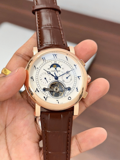Cartier Moonphase Tourbillon Watch – Rose Gold Case, Arabic Numerals, Brown Leather Strap, Multi-Function Men’s Luxury