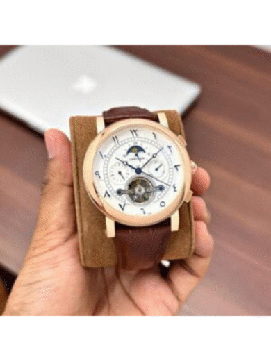Cartier Moonphase Tourbillon Watch – Rose Gold Case, Arabic Numerals, Brown Leather Strap, Multi-Function Men’s Luxury - Image 3