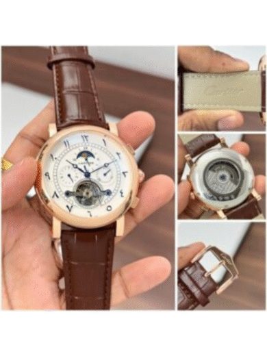 Cartier Moonphase Tourbillon Watch – Rose Gold Case, Arabic Numerals, Brown Leather Strap, Multi-Function Men’s Luxury - Image 4