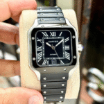 Cartier Santos Automatic Watch – Black Dial, Steel & Black Bracelet, Roman Numerals, Men’s Luxury