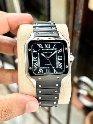 Cartier Santos Automatic Watch – Black Dial, Steel & Black Bracelet, Roman Numerals, Men’s Luxury