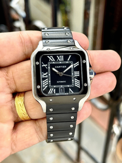 Cartier Santos Automatic Watch – Black Dial, Steel & Black Bracelet, Roman Numerals, Men’s Luxury - Image 4