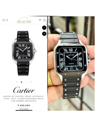 Cartier Santos Automatic Watch – Black Dial, Steel & Black Bracelet, Roman Numerals, Men’s Luxury - Image 3