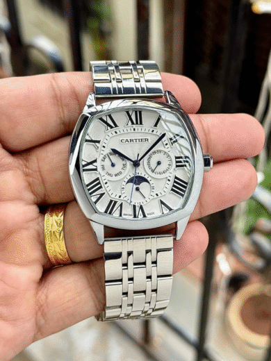 Cartier Drive de Cartier Multifunction Watch – Silver Dial, Roman Numerals, Steel Bracelet, Men’s Luxury Designer
