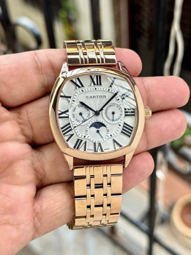 Cartier Drive de Cartier Multifunction Watch – Rose Gold Bracelet, Silver Dial, Roman Numerals, Men’s Luxury