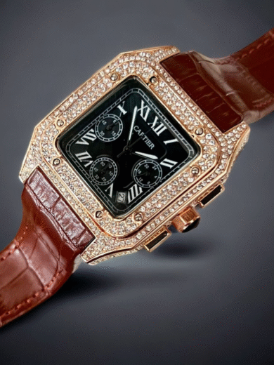 Cartier Santos Diamond Chronograph Watch – Rose Gold Case, Brown Leather Strap, Black Dial, Men’s Luxury Designer - Image 2