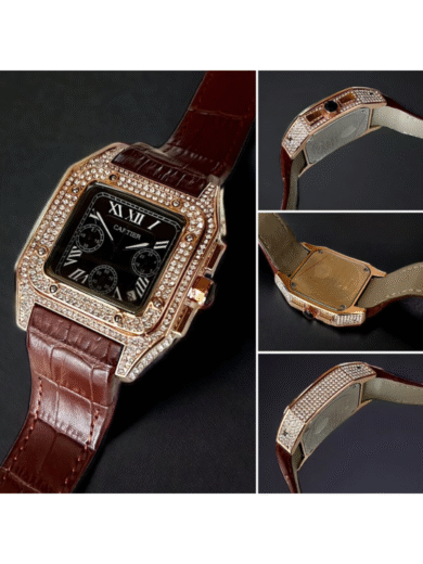 Cartier Santos Diamond Chronograph Watch – Rose Gold Case, Brown Leather Strap, Black Dial, Men’s Luxury Designer - Image 3