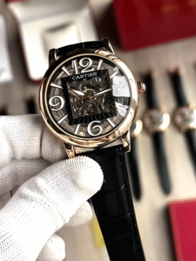 Cartier Skeleton Dial Watch – Rose Gold Case, Black Leather Strap, Transparent Mechanical, Men’s Luxury Designer - Image 2