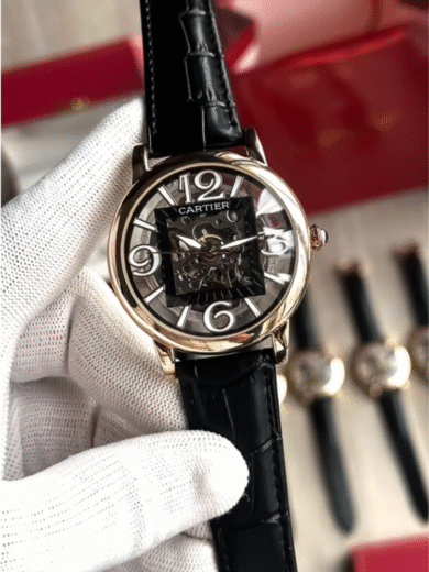 Cartier Skeleton Dial Watch – Rose Gold Case, Black Leather Strap, Transparent Mechanical, Men’s Luxury Designer - Image 3