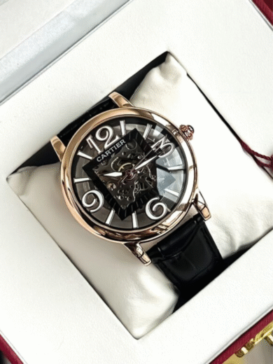 Cartier Skeleton Dial Watch – Rose Gold Case, Black Leather Strap, Transparent Mechanical, Men’s Luxury Designer