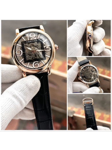 Cartier Skeleton Dial Watch – Rose Gold Case, Black Leather Strap, Transparent Mechanical, Men’s Luxury Designer - Image 5