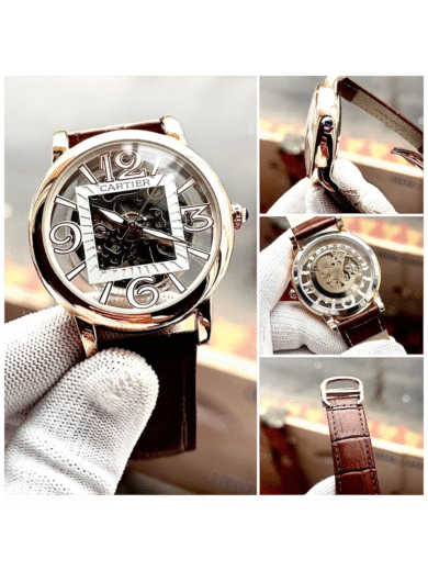 Cartier Skeleton Dial Watch – Rose Gold Case, Brown Leather Strap, Transparent Mechanical, Men’s Luxury Designer - Image 4