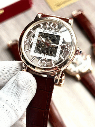 Cartier Skeleton Dial Watch – Rose Gold Case, Brown Leather Strap, Transparent Mechanical, Men’s Luxury Designer - Image 3