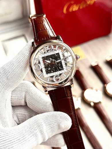 Cartier Skeleton Dial Watch – Rose Gold Case, Brown Leather Strap, Transparent Mechanical, Men’s Luxury Designer - Image 2