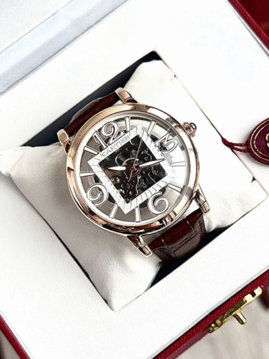Cartier Skeleton Dial Watch – Rose Gold Case, Brown Leather Strap, Transparent Mechanical, Men’s Luxury Designer