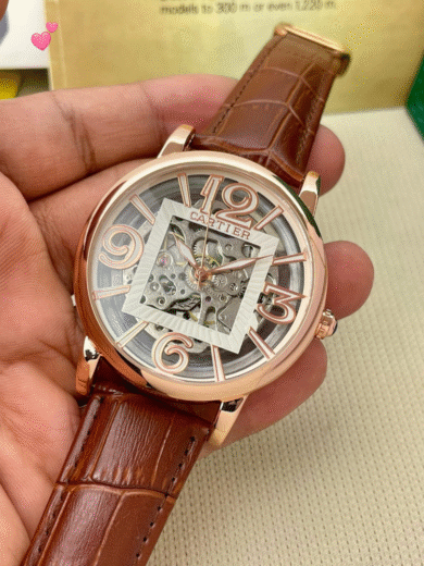 Cartier Skeleton Dial Watch – Rose Gold Case, Brown Leather Strap, Transparent Mechanical, Men’s Premium Replica - Image 2