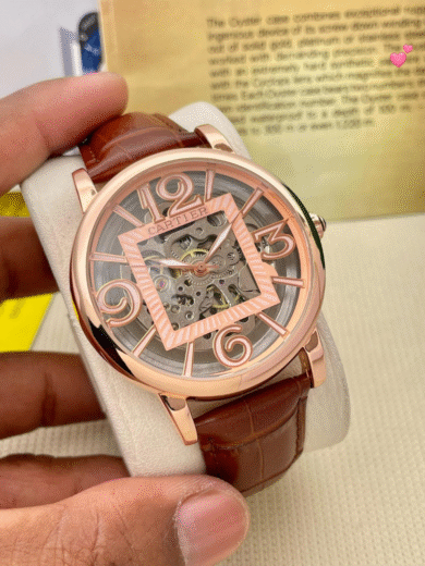 Cartier Skeleton Dial Watch – Rose Gold Case, Brown Leather Strap, Transparent Mechanical, Men’s Premium Replica - Image 3
