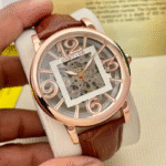 Cartier Skeleton Dial Watch – Rose Gold Case, Brown Leather Strap, Transparent Mechanical, Men’s Premium Replica