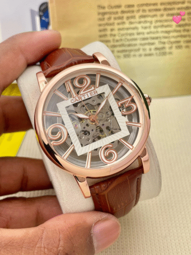 Cartier Skeleton Dial Watch – Rose Gold Case, Brown Leather Strap, Transparent Mechanical, Men’s Premium Replica