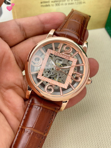 Cartier Skeleton Dial Watch – Rose Gold Case, Brown Leather Strap, Transparent Mechanical, Men’s Premium Replica - Image 4