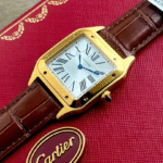 Cartier Santos Gold Watch – Silver Roman Dial, Brown Leather Strap, Blue Hands, Men’s Luxury Classic