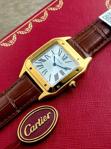 Cartier Santos Gold Watch – Silver Roman Dial, Brown Leather Strap, Blue Hands, Men’s Luxury Classic