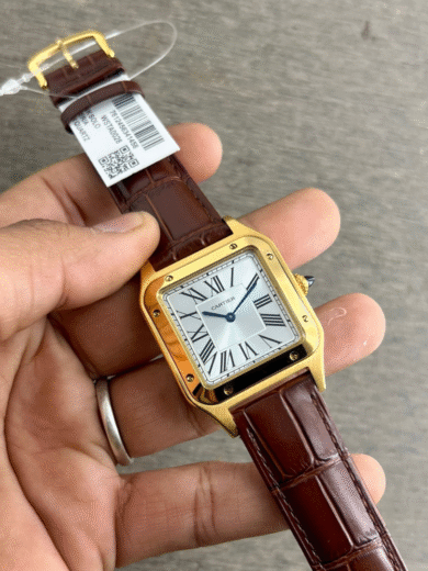 Cartier Santos Gold Watch – Silver Roman Dial, Brown Leather Strap, Blue Hands, Men’s Luxury Classic - Image 2