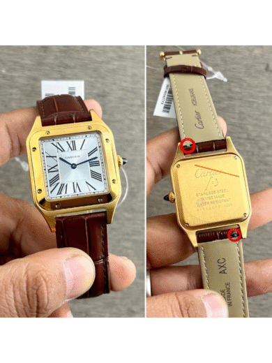 Cartier Santos Gold Watch – Silver Roman Dial, Brown Leather Strap, Blue Hands, Men’s Luxury Classic - Image 4