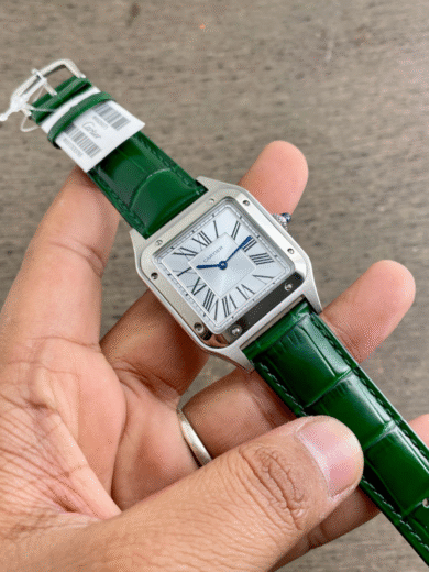 Cartier Santos Silver Watch – White Roman Dial, Blue Hands, Green Leather Strap, Men’s Classic Luxury - Image 4