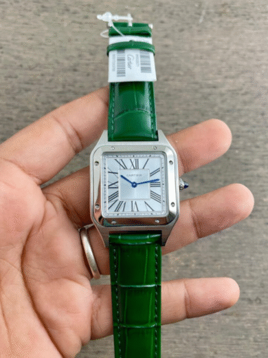 Cartier Santos Silver Watch – White Roman Dial, Blue Hands, Green Leather Strap, Men’s Classic Luxury - Image 3