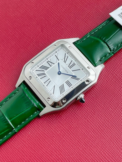 Cartier Santos Silver Watch – White Roman Dial, Blue Hands, Green Leather Strap, Men’s Classic Luxury - Image 2