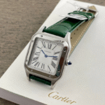 Cartier Santos Silver Watch – White Roman Dial, Blue Hands, Green Leather Strap, Men’s Classic Luxury