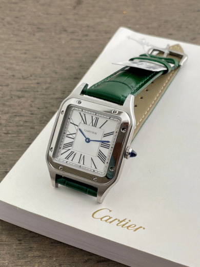 Cartier Santos Silver Watch – White Roman Dial, Blue Hands, Green Leather Strap, Men’s Classic Luxury