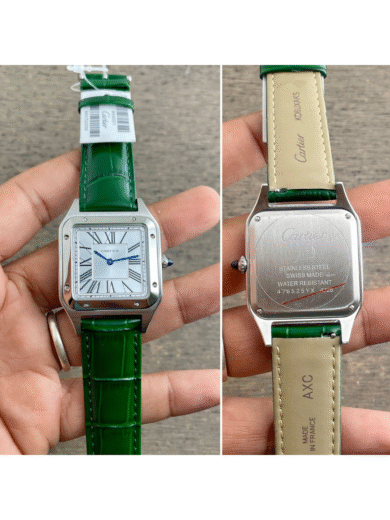Cartier Santos Silver Watch – White Roman Dial, Blue Hands, Green Leather Strap, Men’s Classic Luxury - Image 5
