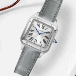 Cartier Santos Silver Watch – White Roman Dial, Blue Hands, Grey Leather Strap, Men’s Modern Classic