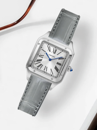 Cartier Santos Silver Watch – White Roman Dial, Blue Hands, Grey Leather Strap, Men’s Modern Classic