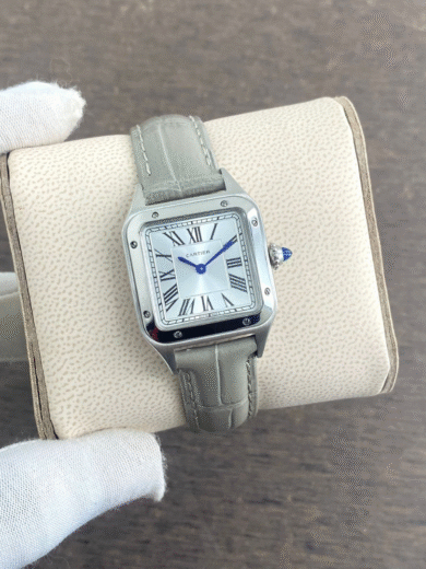 Cartier Santos Silver Watch – White Roman Dial, Blue Hands, Grey Leather Strap, Men’s Modern Classic - Image 2