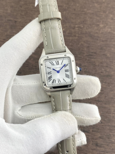Cartier Santos Silver Watch – White Roman Dial, Blue Hands, Grey Leather Strap, Men’s Modern Classic - Image 3