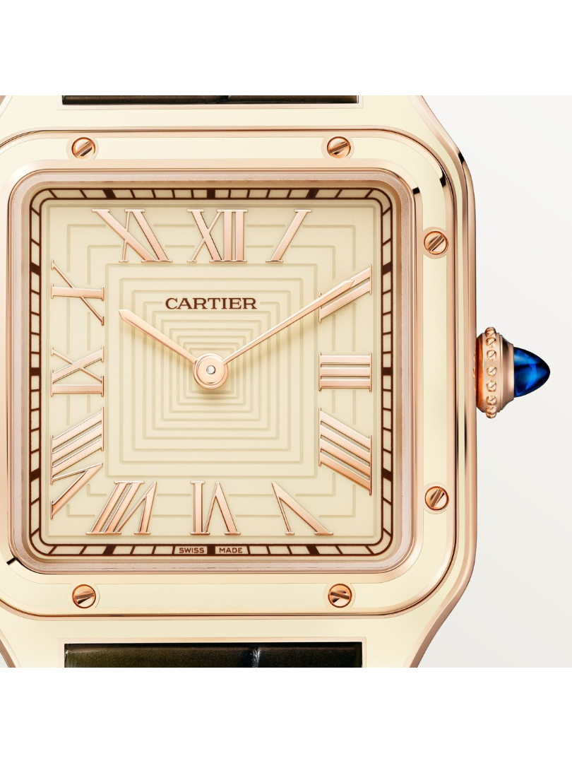 Cartier Santos Gold Watch – Cream Roman Dial, Green Leather Strap, Classic Men’s Luxury - Image 4