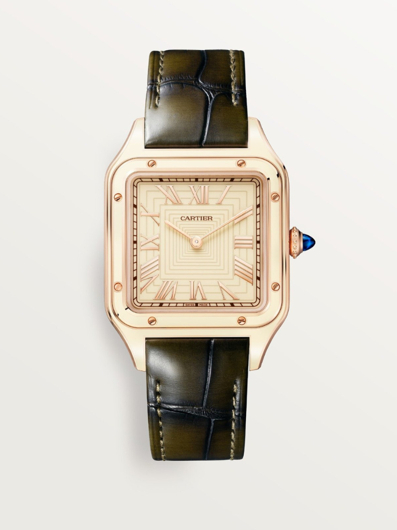 Cartier Santos Gold Watch – Cream Roman Dial, Green Leather Strap, Classic Men’s Luxury - Image 5