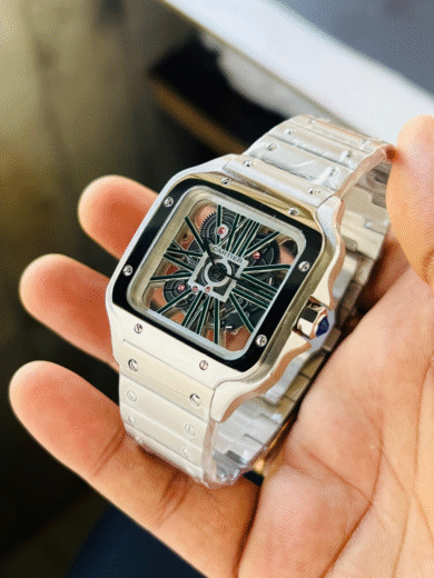Cartier Santos Skeleton Dial Watch – Steel Bracelet, Green Roman Indices, Openwork Mechanical, Men’s Luxury - Image 2
