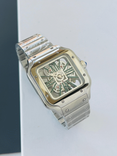 Cartier Santos Skeleton Dial Watch – Steel Bracelet, Green Roman Indices, Openwork Mechanical, Men’s Luxury