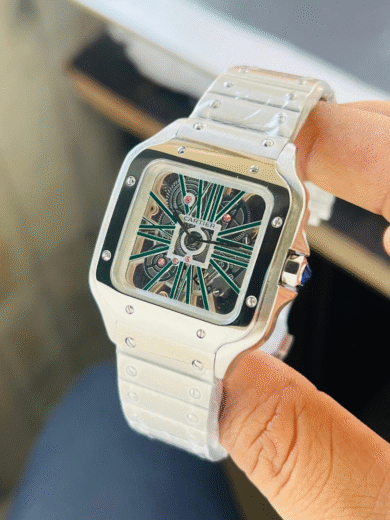 Cartier Santos Skeleton Dial Watch – Steel Bracelet, Green Roman Indices, Openwork Mechanical, Men’s Luxury - Image 3