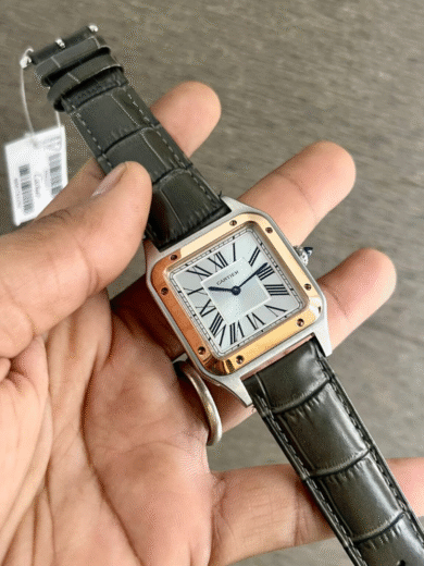 Cartier Santos Two-Tone Watch – Silver Dial, Rose Gold Bezel, Grey Leather Strap, Roman Numerals, Men’s Luxury