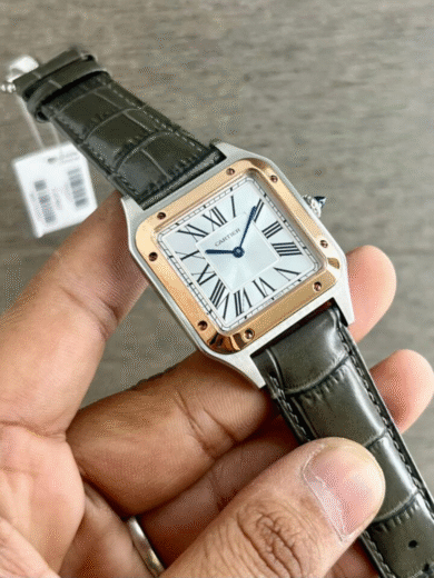 Cartier Santos Two-Tone Watch – Silver Dial, Rose Gold Bezel, Grey Leather Strap, Roman Numerals, Men’s Luxury - Image 2
