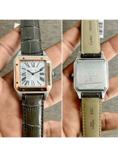 Cartier Santos Two-Tone Watch – Silver Dial, Rose Gold Bezel, Grey Leather Strap, Roman Numerals, Men’s Luxury - Image 3