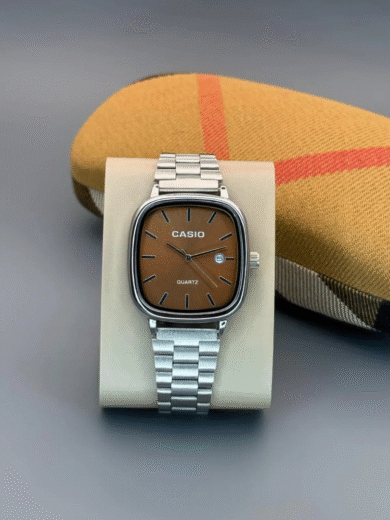 Casio Vintage Square Brown Dial Watch – Stainless Steel Strap Quartz Men’s Classic