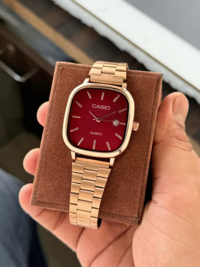 Casio Vintage Square Red Dial Watch – Rose Gold Tone Steel Bracelet Quartz Men's Classic
