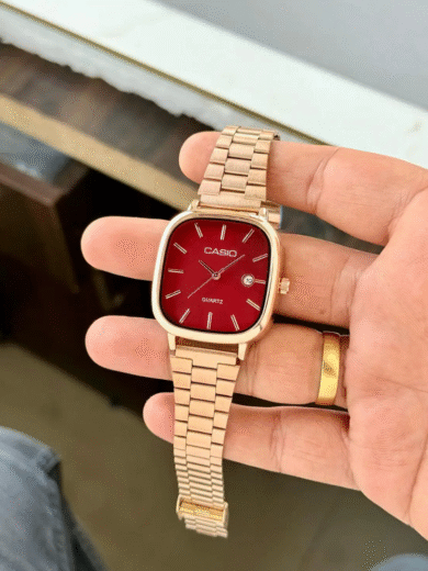 Casio Vintage Square Red Dial Watch – Rose Gold Tone Steel Bracelet Quartz Men's Classic - Image 2